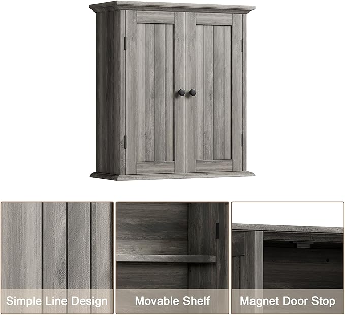 ChooChoo Bathroom Wall Cabinet with 2 Doors, Over The Toilet, Farmhouse | 8.8"D x 21.1"W x 24"H, Medicine Cabinet, Adjustable Shelves, Cupboard, Retro Grey - Image 4