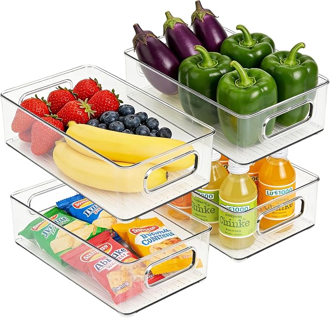 LotFancy 4 Pack Fridge Organizer Bins, Clear Plastic, Stackable, Can Soda | 10x6x3 In Drink Food Fruit Storage for Refrigerator, Pantry, Kitchen Cabinet Shelves; Non-Slip, Easy-Clean, BPA Free by LotFancy