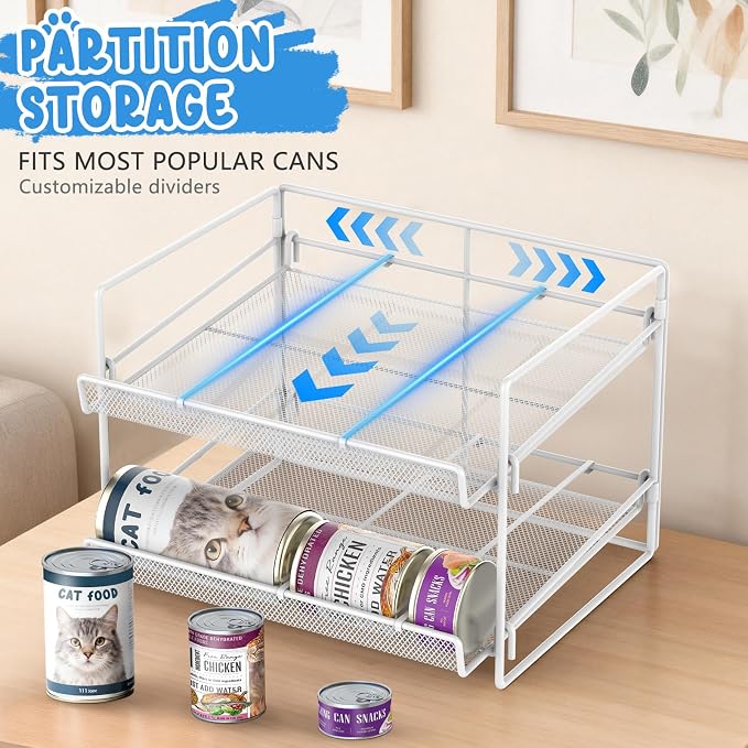 Cat Food Can Organizer 2-Tier Can Organizer for Pantry 56 Cans 3.5oz | White metal 2-tier cat food can organizer,Holds 56 cans 3.5oz,Adjustable pantry countertop storage for kitchen counter - Image 5