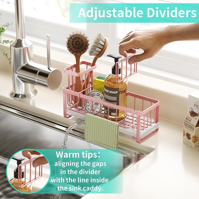 HapiRm Sponge Holder for Kitchen Sink - Self-draining Sink Caddy with Brush and Dishcloth Holders, Stainless Steel Kitchen Organizer for Countertop - Pink - Image 4