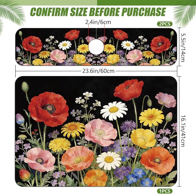 3 Pcs 2 Size Kitchen Sink Splash Guard Faucet Mat Wildflower Pattern Faucet Mats for Sinks Colorful Flower Absorbing Drying Mat for Kitchen Bathroom - Image 2