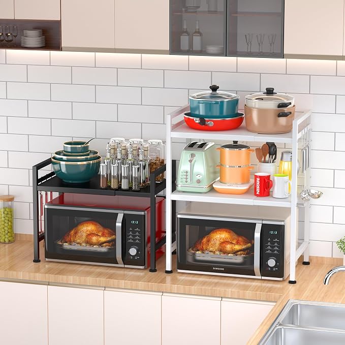 PUSDON Textured Black Microwave Oven Rack, Expandable 2-Tier Kitchen Countertop Organizer, Heavy Duty Carbon Steel Stand with 3 Hooks, Adjustable Height & Length - Image 8