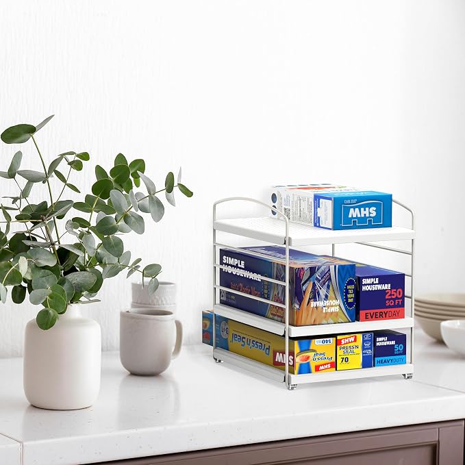 Simple Houseware Kitchen Wrap Organizer Height Adjustable Rack, White - Image 6