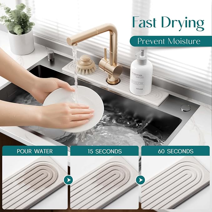 Stone Faucet Mat for Kitchen Sink – Diatomite Drying Stone Mat & Sink Protector, Prevents Moisture – Sink Splash Guard Water-Absorbing Stone Tray for Bathroom Counter (Light Grey, 20" x 3.9") - Image 3