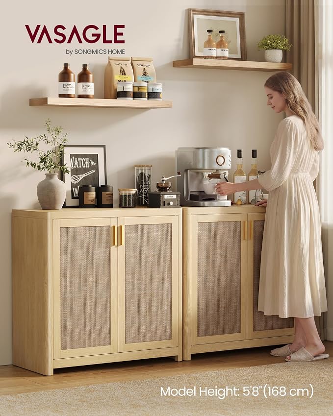 VASAGLE ELLAN Collection - Boho Buffet Cabinets with Rattan-Look Doors, Sideboard Storage Cabinet, Rounded Corners, Adjustable Shelf, for Kitchen Dining Room, Set of 2, Oak Beige UBBK345YC01-2J - Image 2
