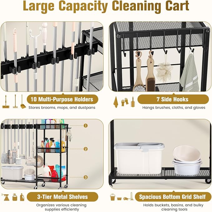 Broom Holder with Cleaning Supplies Organizer, Cleaning Utility Cart on Wheels, 10 Clips & 7 Hooks, 3-Tier Shelves, Broom Closet Storage Cabinet with Cleaning Caddy for Home Commercial Use - Image 6