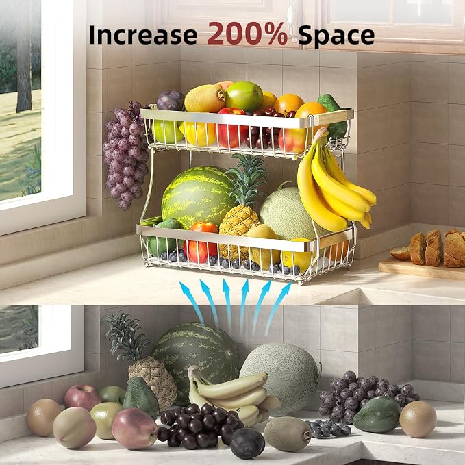 2-Tier Fruit Basket with Banana Hangers, Detachable Metal Bowl | Wooden handle, protective mats included. Versatile holder for bread, snacks, and veggies. Large 2 tier metal design. - Image 9