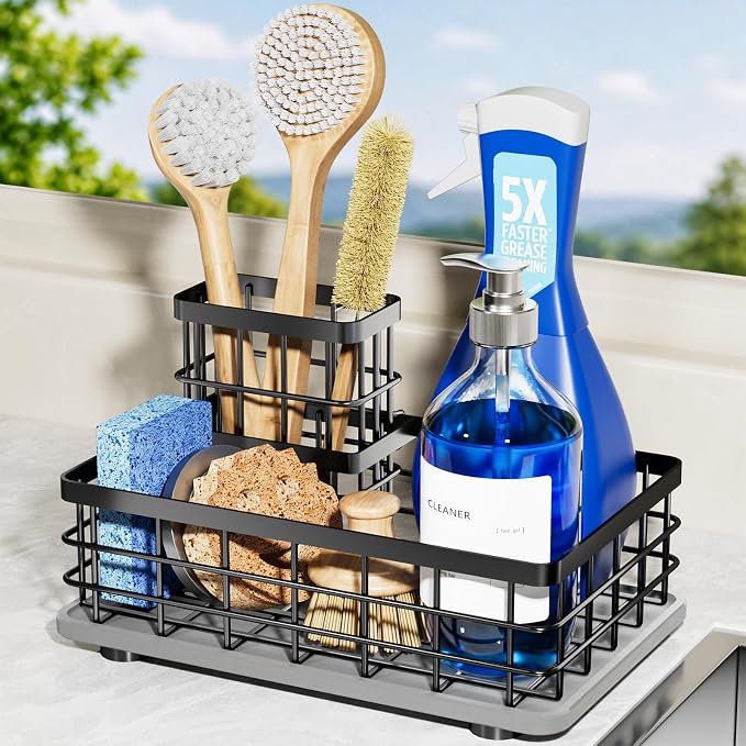 Kitchen Sink Organizer, Large Sink Caddy with Sponge Holder & Diatomite Mat | Cleaning Supplies in One Place, Kitchen Countertop Organizer, Home Essentials, Brush Holder, Quick Dry Tray, Fewer Puddles by HOKEMOM