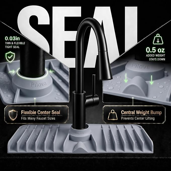 Premium Kitchen Sink Splash Guard – 16" x 5.7" Silicone Faucet Mat with Secure Pressure Clip, True 10° 3D Drainage(No Pooling), Anti-Lift Design, Flexible Leak-Sealing Ring, Non-Slip Fit Behind Faucet - Image 8