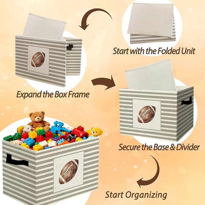 Rustic Football Storage Bins Boxes Handles | grey striped nursery foldable basket for organizing bedroom toddler playroom - Image 6