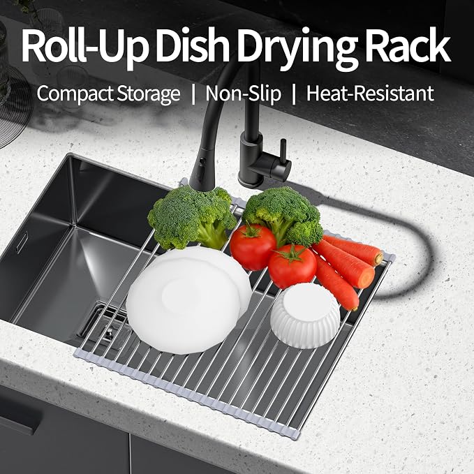 Roll Up Dish Drying Rack for Sink, Over Sink Dish Rack 17 x 15.7 Inch, Silicone Stainless Steel Dish Drainer for Kitchen Counter, BPA Free Utensil Drying Rack, Gray - Image 3
