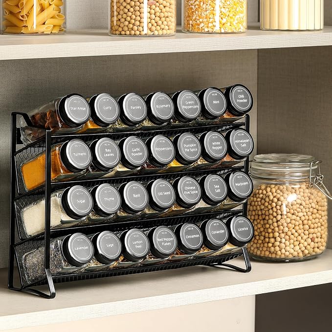 AOZITA Spice Rack Organizer for Cabinet, Spice Organizer with 28 Empty Spice Jars with Black Lids, Funnel, Spice Labels, Seasoning Organizer for Countertop, Cabinet, Kitchen, Pantry, Cupboard - Image 6