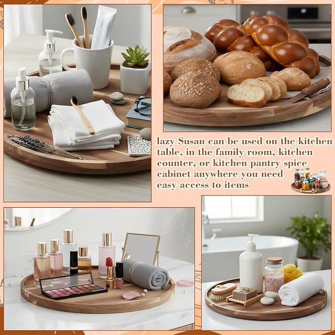 20'' Wood Lazy Susan for Countertop Acacia Large Turntable Rotating Serving Tray for Table Top Non Skid Kitchen Tray Revolving Condiment Spice Rack Table Organization Storage, Natural - Image 7
