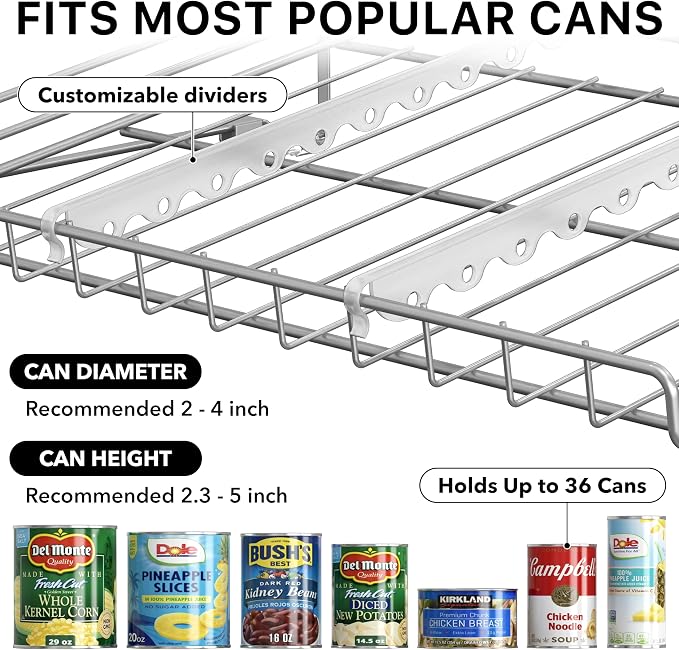 Simple Houseware Stackable Can Rack, Silver, Adjustable Plastic Dividers, Holds 36 Cans | Can Food Storage Dispenser for Pantry/Cabinet, Adjustable Dividers – 11.5" D x 17" W x 13.75" H - Image 6
