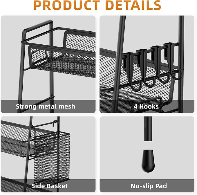 VITVITI 3 Tier Bathroom Organizer Countertop, Counter Storage Shelf, Black | Metal Wire Mesh Bathroom Counter Organizer with Basket Hooks, Vanity Tray, Kitchen Spice Rack - Image 5