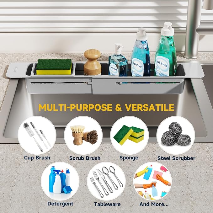NiHome Extendable Kitchen Sink Caddy Extra Long Brush Sponge Storage Holder | Expandable Kitchen In Sink Organizer Extra Long for Brush & Sponge with Drainage, Adjustable Length, Non-Slip Pads (Gray) - Image 7