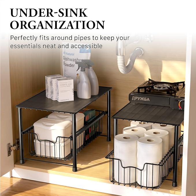 Simple Houseware Wired Stackable Under Sink Cabinet Sliding Basket, Black | Free Standing Organizer Drawer, Kitchen/Pantry/Cabinet/Counter - Image 6