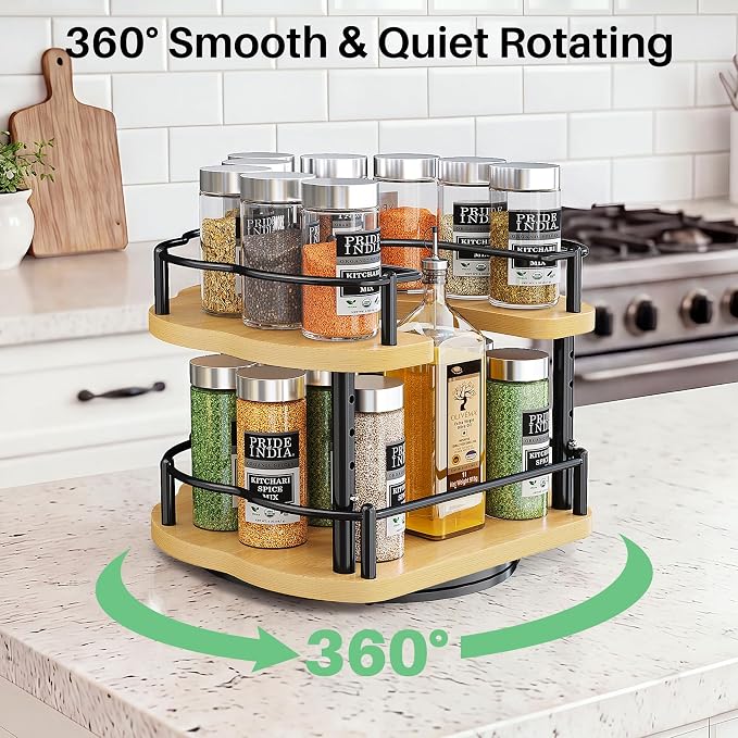 SNTD Lazy Susan Spice Rack Organizer for Cabinet, Wood, Natural, 9 in | Rotating Turntable, Height Adjustable, Space-Saving D-Shape Design, Revolving Spice Storage for Kitchen Countertop Pantry - Image 4