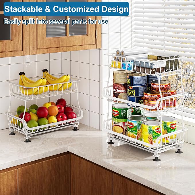 OKZEST 3-Tier Rolling Pantry Floor Organizers and Storage Cart with Wheels | Fits under pantry shelf, Stackable kitchen pantry baskets with dirt catch tray, Holds drink, snack, can, potato, onion, fruit - Image 7