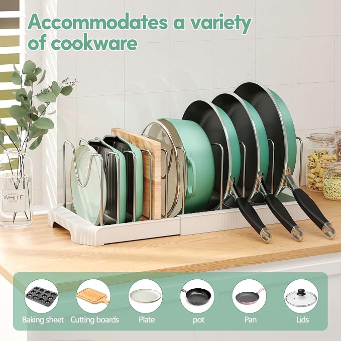 Expandable Pan Organizers Inside Cabinet with 10 Dividers White | Extends 12.9-21.9", Holds cookie sheets, cutting boards, pot lids and pans, iron dividers, plastic base, under cabinet rack - Image 4