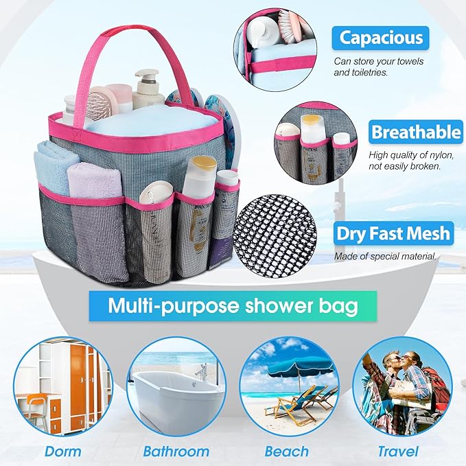 Mesh Shower Caddy Portable - 9 Pockets for College Dorm Room Essential | Large Capacity Mesh Shower Caddy with 9 Pockets, Portable Hanging Toiletry Bag for College Dorm, Gym, Camping and Beach - Image 2