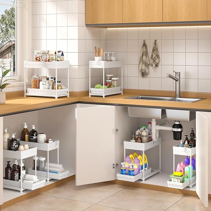 4-Pack 2-Tier Under Sink Organizer with Pull Out Drawers | Multi-use kitchen & bathroom storage. Includes hanging hooks and cups. White, space-saving cabinet design. 12.8 Inch - Image 4