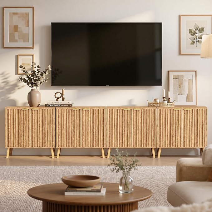 Set of 4 Fluted Storage Cabinet, Buffet Cabinet with Storage, Wood Sideboard with Adjustable Shelf, Modern Accent Cabinet & Console Table for Entryway, Living Room, Dining Room, Natural by REHOOPEX
