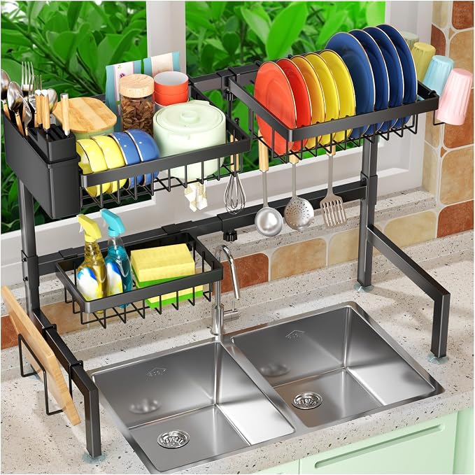 SNSLXH 2-Tier Over The Sink Dish Drying Rack, Kitchen Dish Drying Rack | Large Dish Drying Rack, Suitable for Most Sinks, Kitchen Drying Rack（26.57"-35"） by SNSLXH