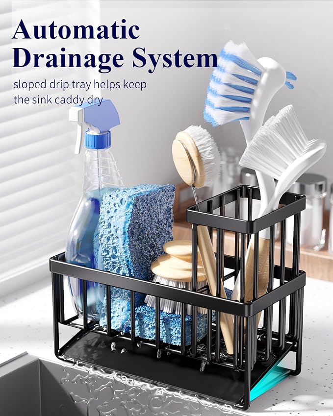 Kitsure Sponge Holder for Kitchen Sink, 7.9"x3.7"x6.2", Black | Kitchen Sink Caddy, Home Decor Accessories, Stainless Steel, High Brush Holder - Image 5
