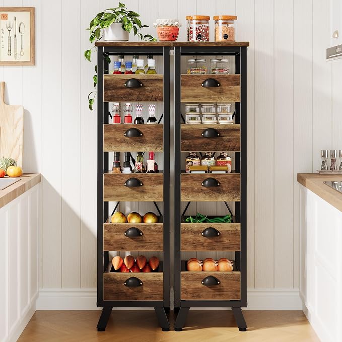 Tribesigns 5-Tier Kitchen Stand Fruit and Vegetable Storage Rack Set of 2 | 5-Tier Narrow Wood Corner Snack Stand Fruit Basket, Pull-Out Utility Organizer for Kitchen, Living Room, Rustic Brown - Image 3