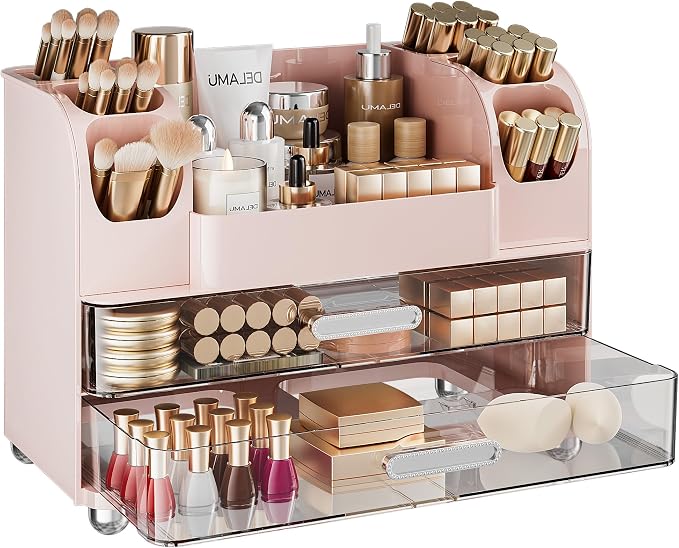 Delamu Large Makeup Organizer Countertop with 6 Brush Holders, Pink | Vanity Organizer with 2 Drawers, Gift for Women & Girls, Holds Perfume, Skincare, Lipstick, Nail Polish & Hair Accessories by DELAMU