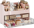 Delamu Large Makeup Organizer Countertop with 6 Brush Holders, Pink | Vanity Organizer with 2 Drawers, Gift for Women & Girls, Holds Perfume, Skincare, Lipstick, Nail Polish & Hair Accessories by DELAMU