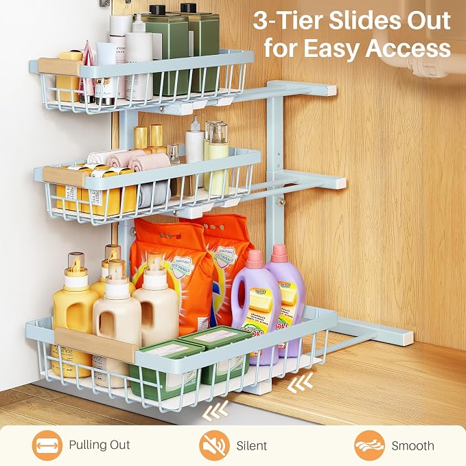 PXRACK Under Sink Organizer, 1-Pack 3-Tier Height Adjustable Thickened Metal Pull out Cabinet Organizer Shelf, Slide out Storage Drawer Rack for Bathroom Kitchen Pantry Home Organization, LightBlue - Image 5