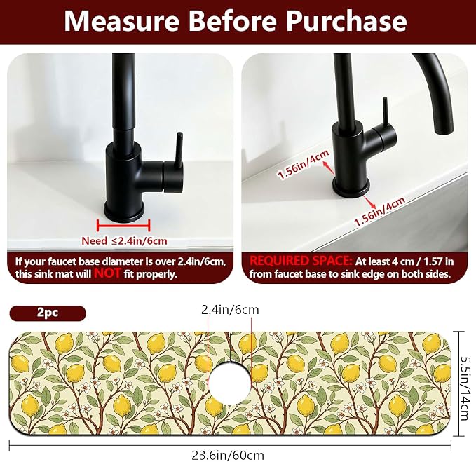 2 Pcs Kitchen Sink Splash Guard Faucet Mat Lemon Tree Pattern Faucet Mat for Sinks Flower Absorbing Drying Mats for Kitchen Bathroom - Image 2