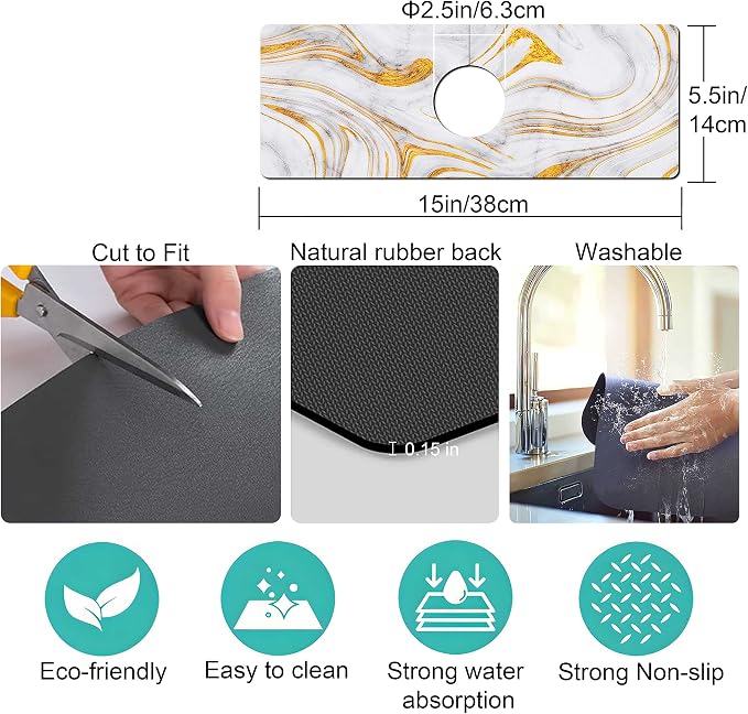 Kitchen Sink Splash Guard Faucet Mat Super Absorbent Fast Drying Mat Sink Gadgets Splash Guard Behind Faucet Drip Catcher for Kitchen (Marbling, 15x5.5in) - Image 4