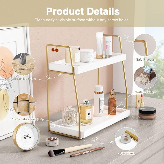 Forbena Bathroom Organizer Countertop, Counter Organizer for Bathroom Decor, Wooden Sink Shelf for Vanity Storage, Makeup Tray for Perfume Skincare Bedroom Kitchen Corner (2 Tier, White and Gold) - Image 7