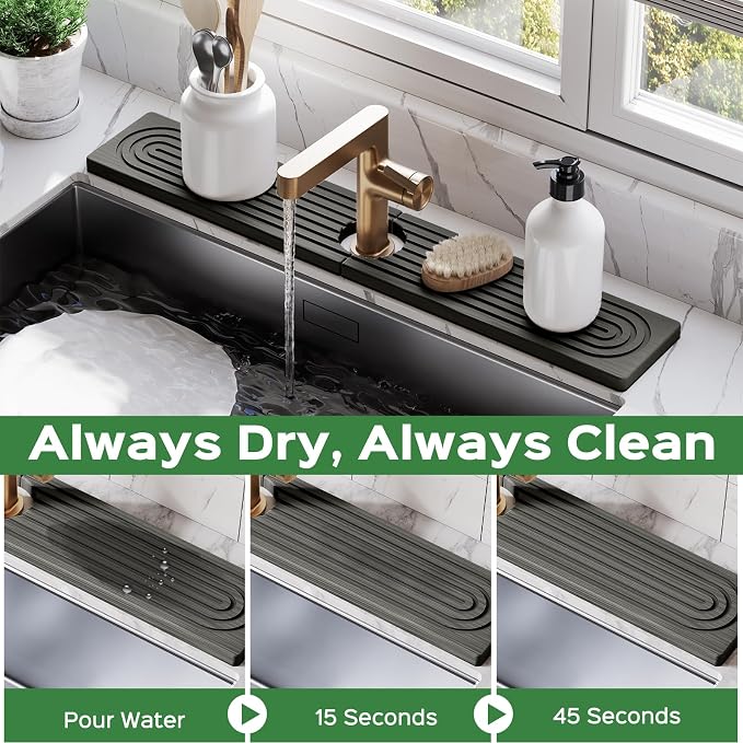 23.6 Inch Stone Faucet Mat for Kitchen Sink Splash Guard - Diatomite Quick Dry Stone Mat Kitchen Sink Protectors, Water-Absorbent Faucet Handle Drip Tray (Dark Gray, 23.6" x 3.9") - Image 2