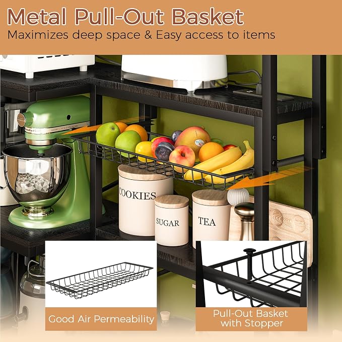 4-Tier L-Shaped Baker's Rack with Power Outlet,Corner Coffee Bar,Black | Kitchen Appliance Storage, Pull Out Basket, 6 Hooks and Flexible Installation Options for Kitchen, Balcony, Living Room - Image 3