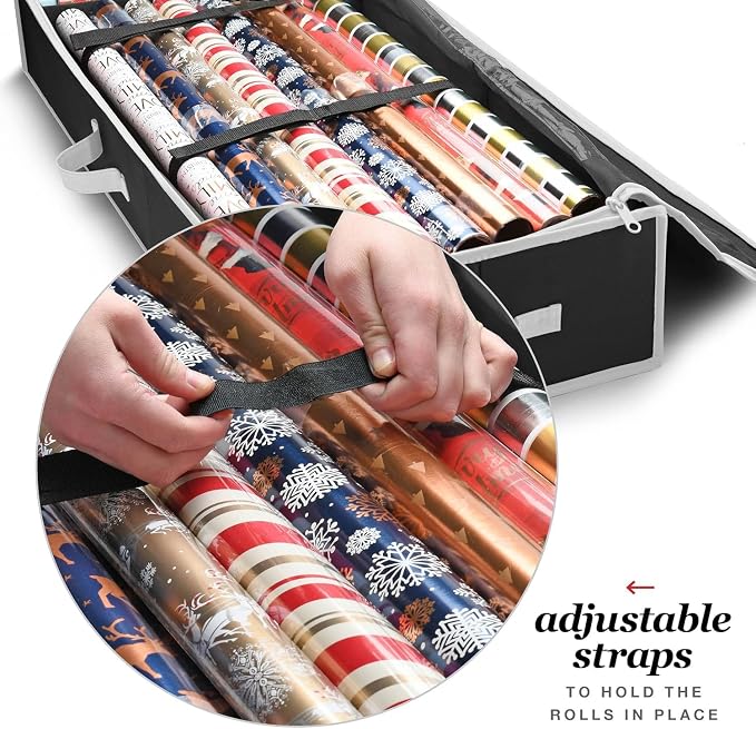 Premium Wrapping Paper Organizer Storage | Gift Wrap Holder With Extra Pockets for Christmas Decorations, Reinforced Handles, Heavy Duty, Ultra-Durable, Tear-Proof Fabric - Fits Up to 27 Rolls (Black) - Image 2