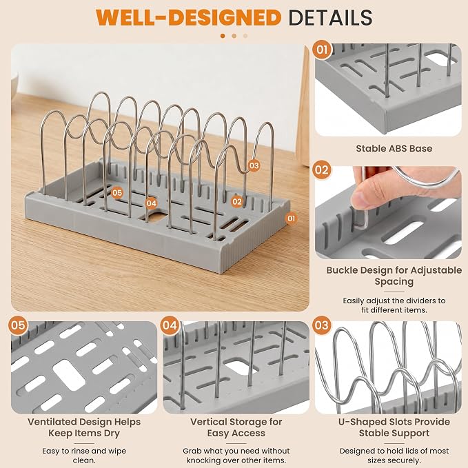 2 Pack Expandable Pot Lid Organizers with 10 Adjustable Dividers | 12.6-22.4 Inch Pots and Pans Organizer Rack Under Cabinet, Countertop, Pan Lids, Bakeware, Food Container Lids, Grey - Image 4