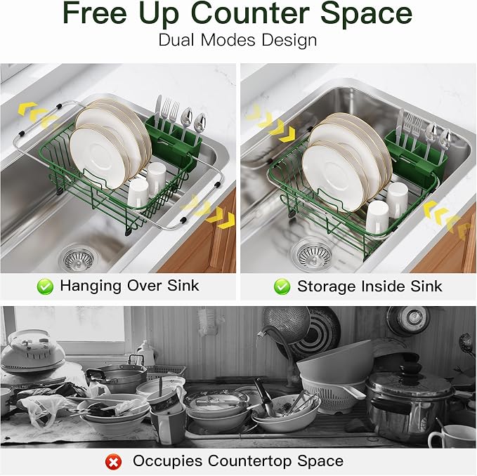 JASIWAY Green Dish Drying Rack in Sink with Utensil Holder, RV, Apartment | Over Sink Expandable Stainless Steel Dish Drainers for Compact Kitchen, Space Saving, Fast Drain, Rustproof, For 1-2 people - Image 2
