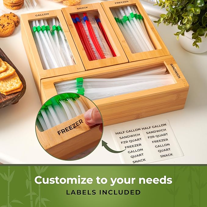 Bamboo Bag Organizer for Drawer, 4 Blocks, Plastic Bag Storage Holder | Kitchen organization with quick refill from the back; labels included; fits gallon, quart, sandwich and snack sizes - Image 5