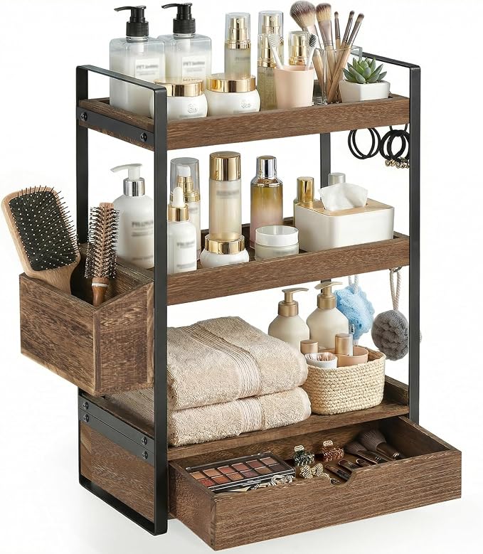 3-Tier Bathroom Counter Organizer with Drawer Basket and Hooks, Wood Bathroom Organizers and Storage for Countertop, Farmhouse Dark Brown Countertop Organizer, Counter Shelf for Vanity, Kitchen,Office by Susoct