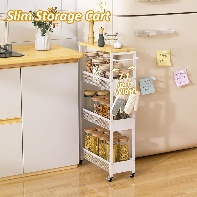 Vincona 7.1" Wide Slim Storage Cart on Wheels, 4 Tier Metal Narrow Rolling Cart with Handle and Wood Top, Multifunctional Small Mobile Shelf Unit Organizer Trolley for Laundry, Bathroom, Kitchen - Image 2