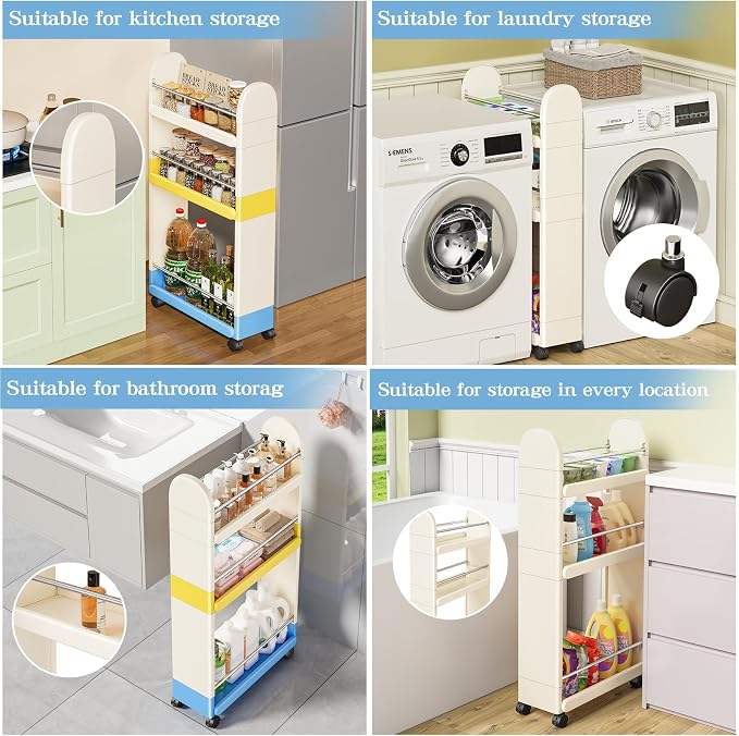 MiaLi 3 Tier Slim Storage Cart with Wheels, 1 PCS Colours Utility Slim Cart with Plastic, Adjustable Size for Laundry Kitchen Bathroom Narrow Places, Easy to Clean, Space Saving (Colours) - Image 3