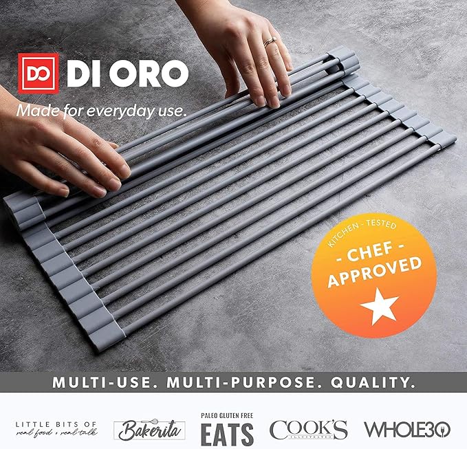 DI ORO Roll Up Dish Drying Rack - Over the Sink, 20.5 x 13 in | Rolls up to store flat when not in use; Heat-safe rods double as a trivet - Image 3