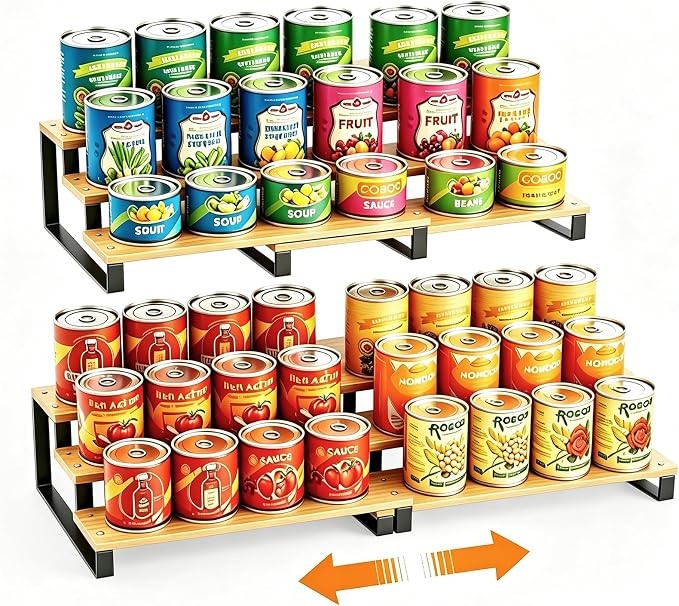 3-Tier Expandable Bamboo & Iron Can Organizer, Holds 30 Cans, Black | Adjustable Pantry Can Storage Rack, Cabinet Food Can Shelf, Easy-Access Holder for Canned Goods, Assembly Required, Black by NuoyuanShen