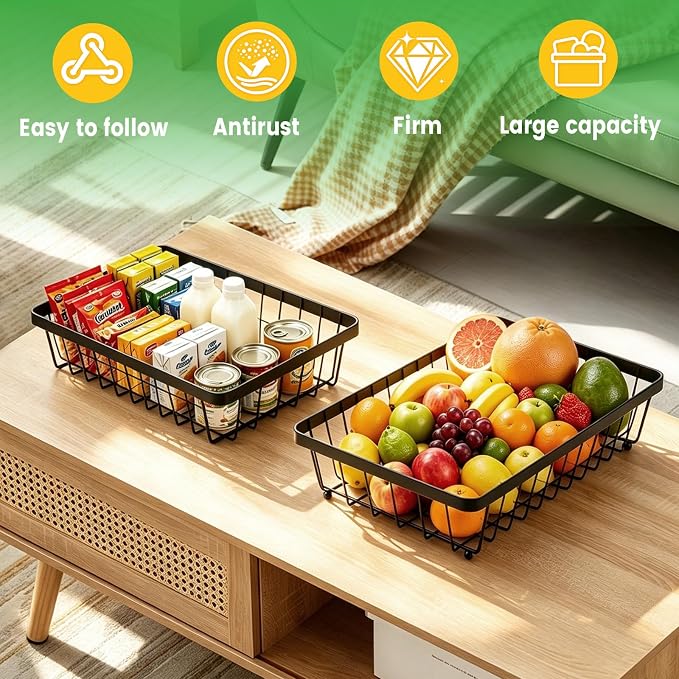 2-Tier Fruit Basket for Kitchen Counter with 2 Banana Hangers | Large Metal Fruit Bowl, Versatile Holder for Veggies, Produce Storage, 12.5"×7.5"×12"-Black - Image 6