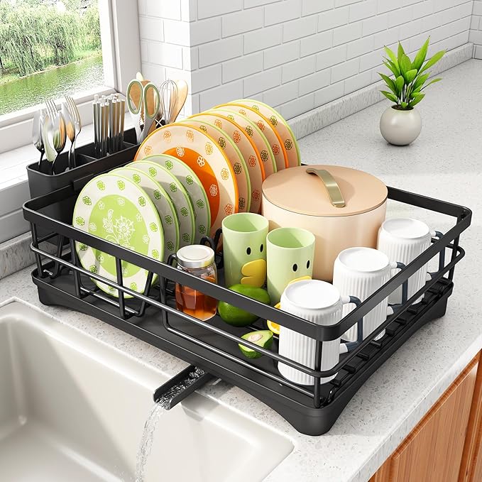 SAYZH Dish Drying Rack for Kitchen Counter with Utensil Holder, Black | Stainless Steel, Large Capacity, Angled Drainboard, Rotating Spout, Removable to Clean by SAYZH