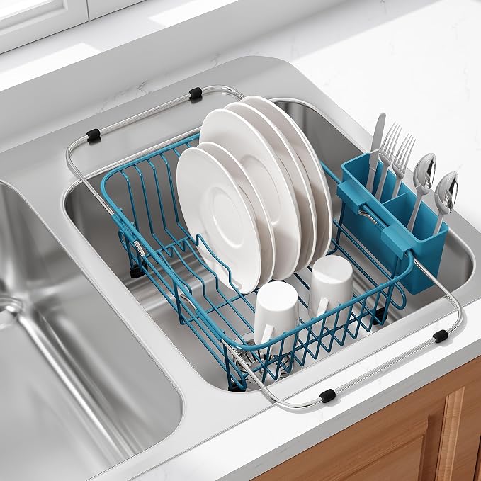 JASIWAY Blue Dish Drying Rack in Sink with Utensil Holder, RV, Apartment | Over Sink Expandable Stainless Steel Dish Drainers for Compact Kitchen, Space Saving, Fast Drain, Rustproof, For 1-2 people by JASIWAY